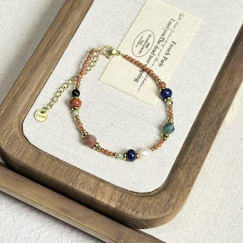 Ethnic Lapis Lazuli & Freshwater Pearl Bracelet with Dunhuang Yolk Stone, Agate, and Red Beads in Titanium Steel.