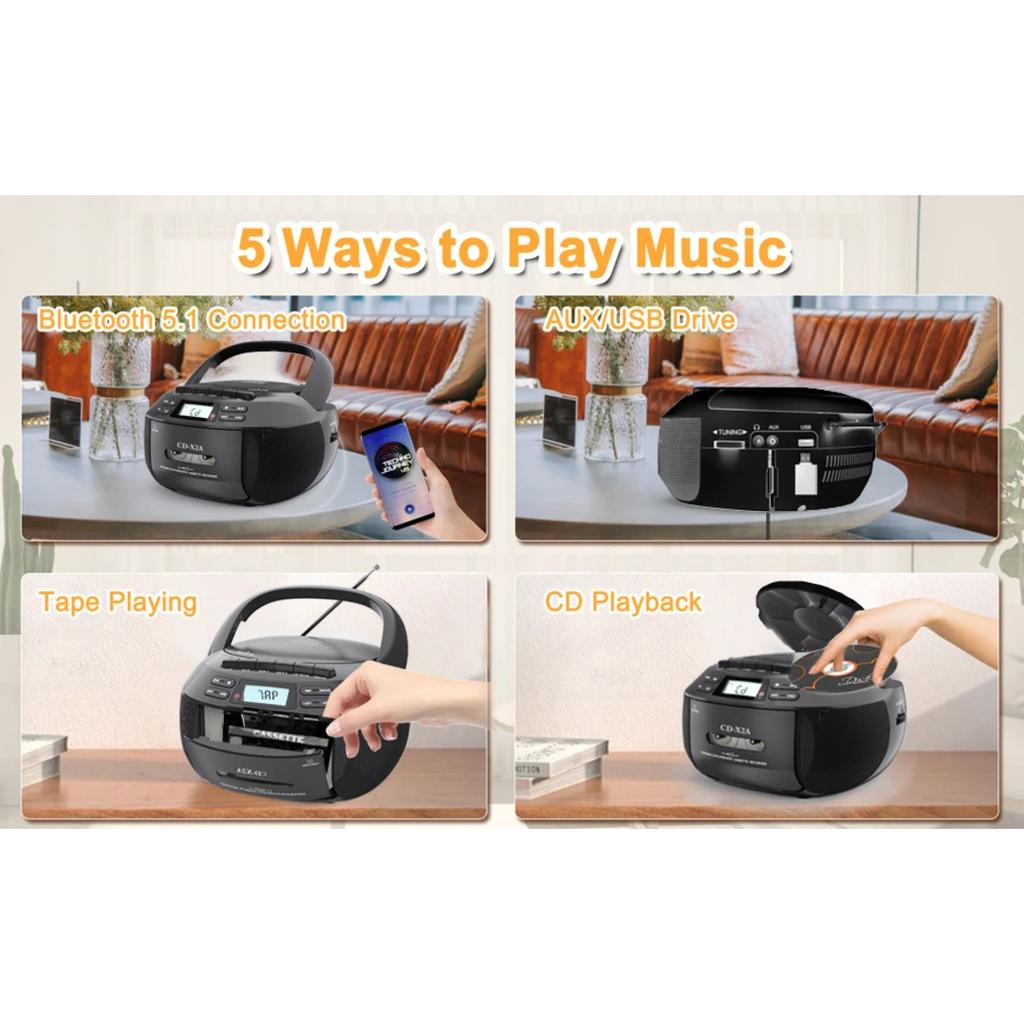 Portable CD Boombox with Cassette Player and Recorder CD Radio FM AM with Bluetooth and USB MP3,AC DC Power with Remote Control