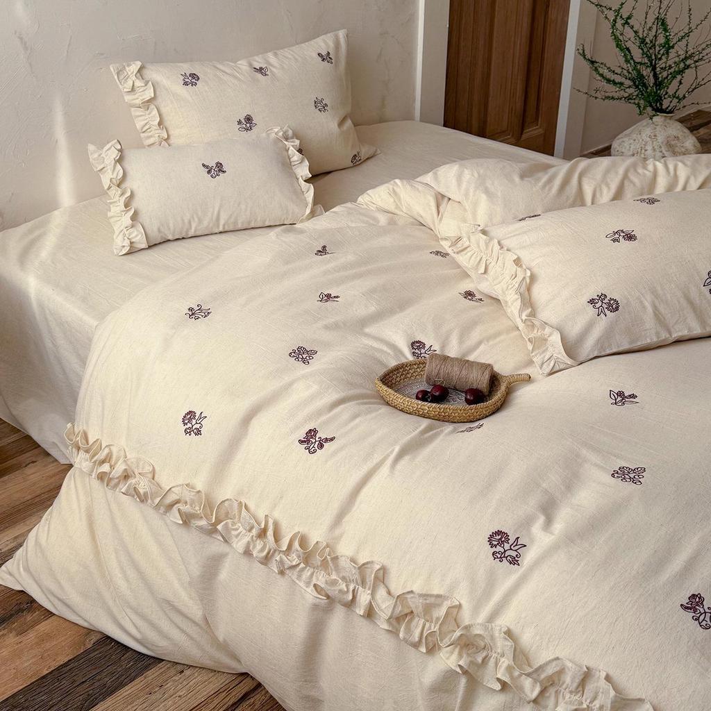 Spring/Summer Floral Embroidered Pure Cotton Linen 4-Piece Set - Soft, Skin-Friendly, 100% Cotton