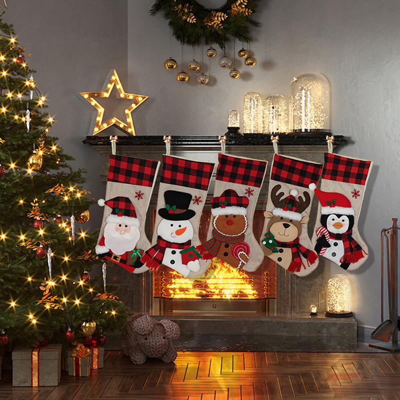 Christmas Stockings, Christmas Stocking Deer Santa Snowman Burlap Plaid Xmas Stocking Holiday Christmas Decoration For Family