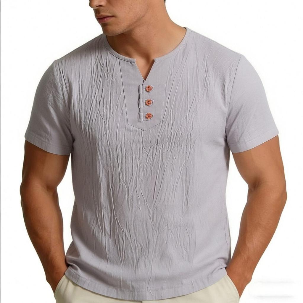 Men Chinese Style Retro Casual V Neck Short Sleeve Solid T Shirt