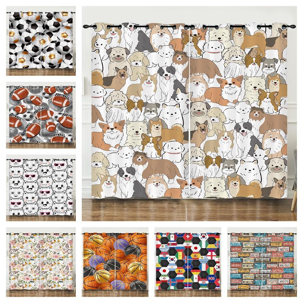 Curtain Flower Cat Football World Cup 3D Digital Printing Blackout Curtain Punching