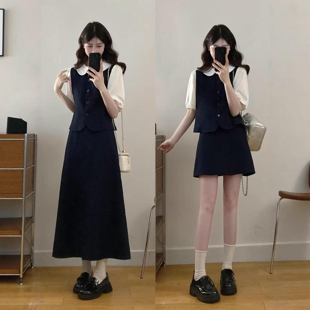 2026 Summer College-Style Doll Collar Two-Piece Top with Elastic Waist Skirt (Long/Short)