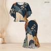 Women Plus Size Off White Blue Beige Printed Round Neck Batwing Sleeve Ruffle Hem Top Fishtail Skirt Two Piece Set