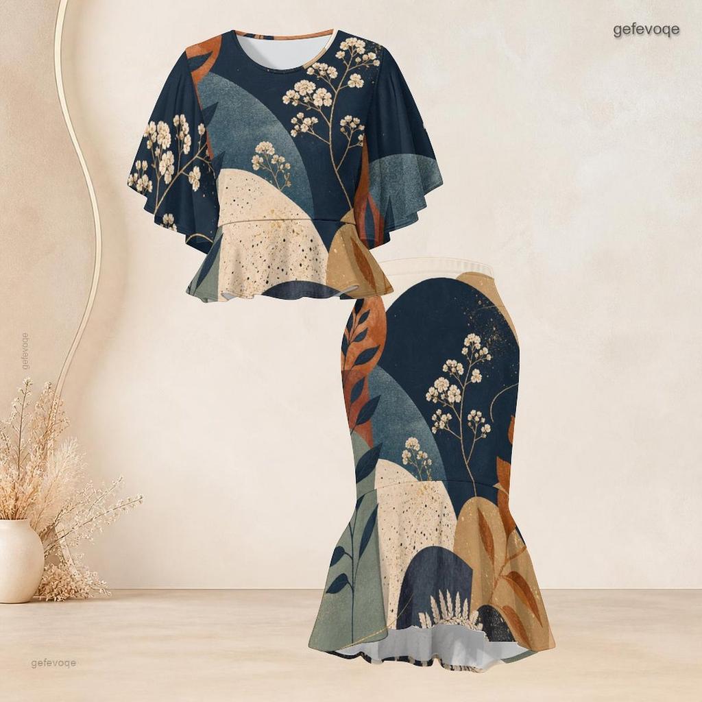 Women Plus Size Off White Blue Beige Printed Round Neck Batwing Sleeve Ruffle Hem Top Fishtail Skirt Two Piece Set