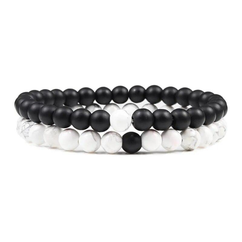 Sett Armbånd Par Avstand Svart Hvit Naturlig Lavastein Tiger Eye Beaded Yoga Armbånd for Menn Kvinner Elastisk tau Smykker