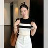 2026 Spring Black and White Striped Slim Fit Short Sleeve Knit Top