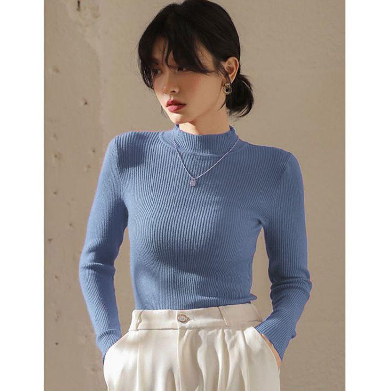 Women's Autumn Winter Turtleneck Sweater Short Length Long Sleeve Knitted Base Layer Slim Fit Pullover Top