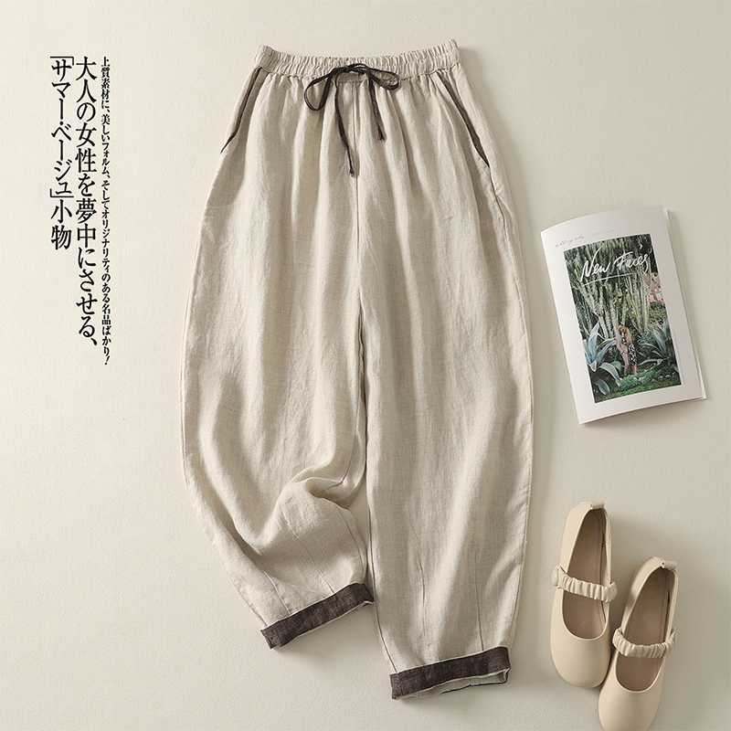 women s Casual Linen Cotton High Waisted Loose Fit Harem Pants Straight Leg Trousers L