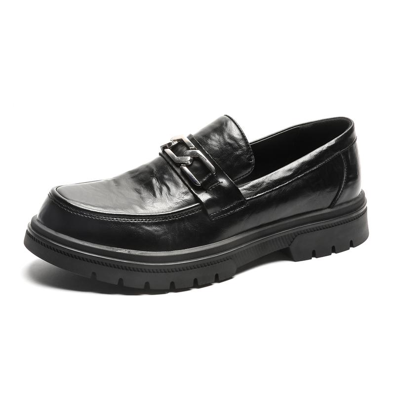 Mens Leather Metal Buckle Loafers Breathable Thick Soled Business Round Toe Leather Shoes Slip on Wedding Shoes Casual for Male
