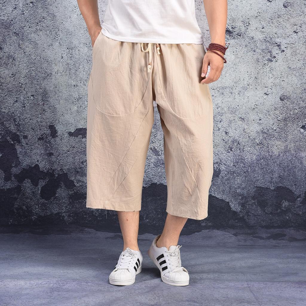 Summer new men's large-size cropped pants Chinese cotton and linen loose Harlan pants linen wide-leg pants
