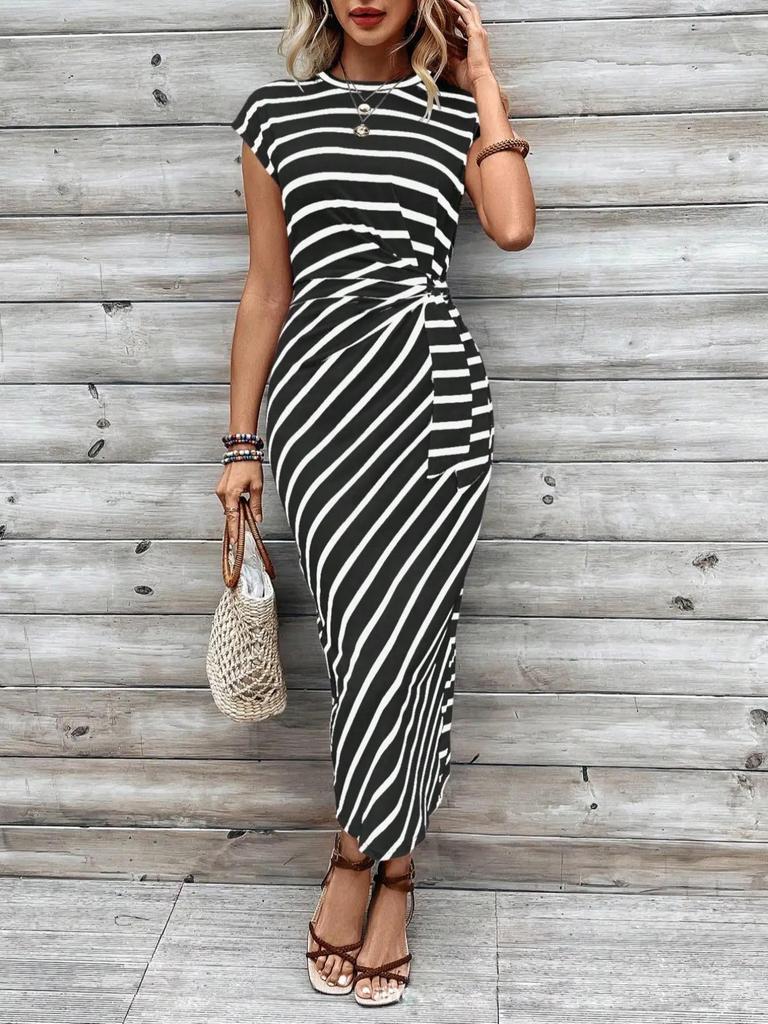 2025 Elegant Striped Short Sleeve Round Neck Waist Tie Summer Dress for Women