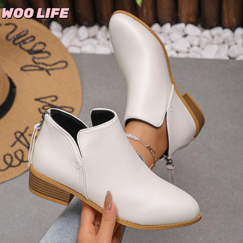 Pointed Rear Zipper Short-tube Martin Boots Women's Plus Size Leather Boots Solid Color Thin Thick-heeled Leather Ankle Boots