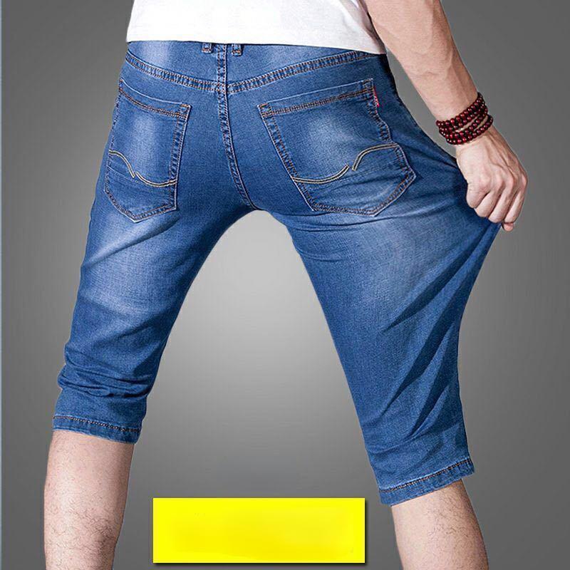 Pantaloncini in denim di seta ghiacciata da uomo, estivi, sottili, larghi, da indossare all'esterno, cinque nei pantaloni, sette pantaloni da marea dritti