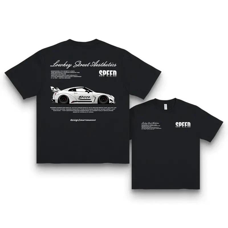 Men s Racing-Themed Graphic T-Shirt - White with Black Car & Text XS