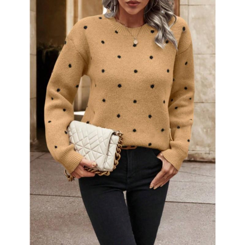 Women's Spring/Fall Crew Neck Long Sleeve Pullover Sweater Polka Dot Jacquard Casual Knit Top
