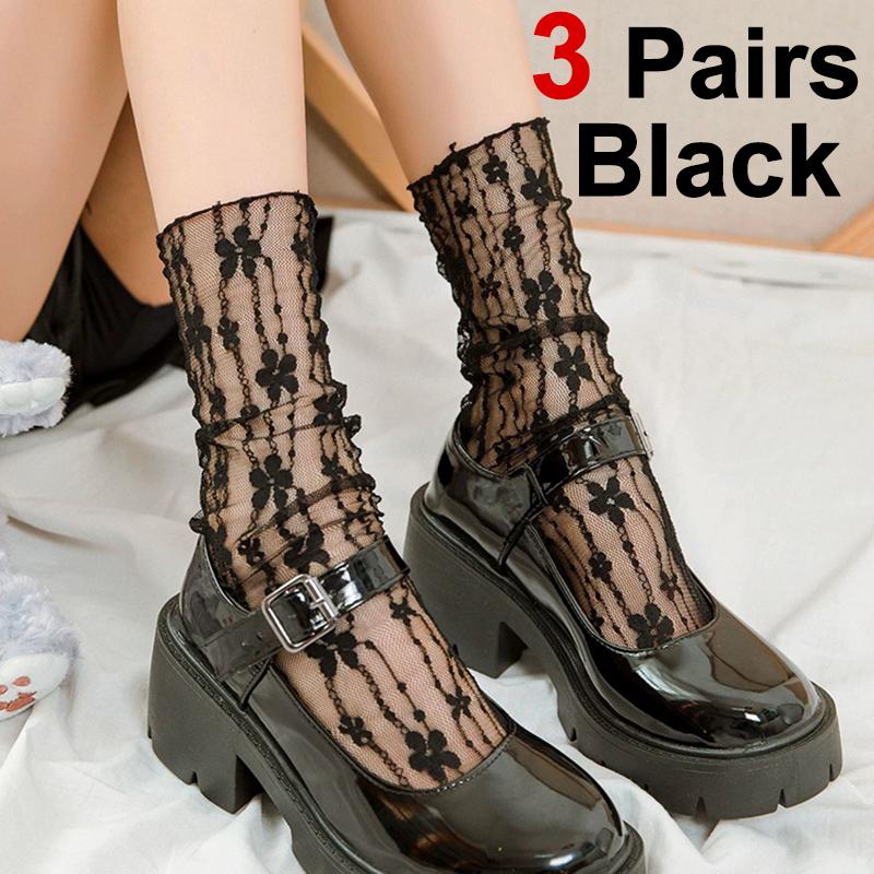 3 Pairs Women Floral Patterned Lace Round Neck Socks Fashionable Paired Summer Sweet Style Comfortable Breathable Casual Socks