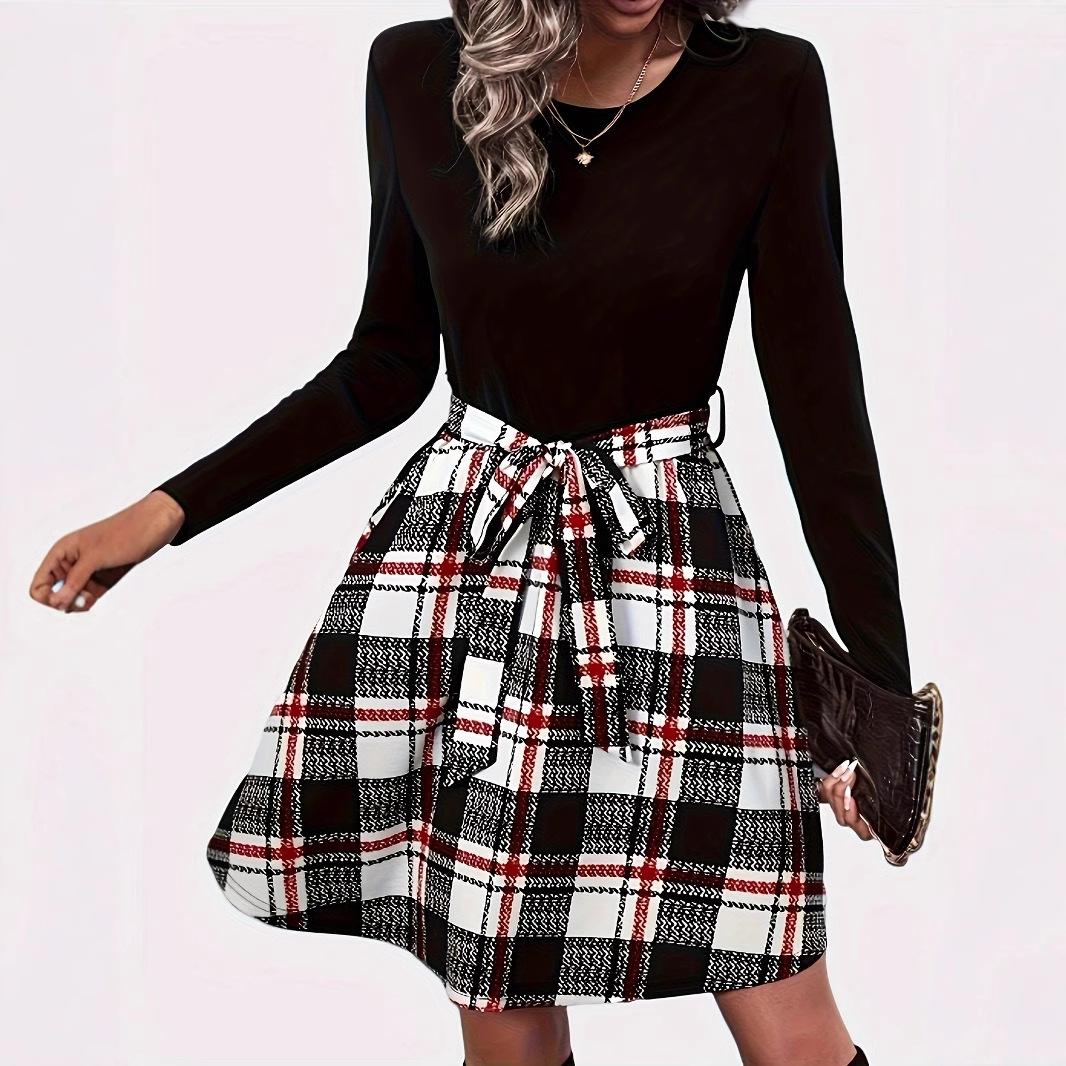 

JKASHDK Women s Fashion Spring Fall Plaid Print Long Sleeve O-Neck High Waist Casual Dresses XL чорний