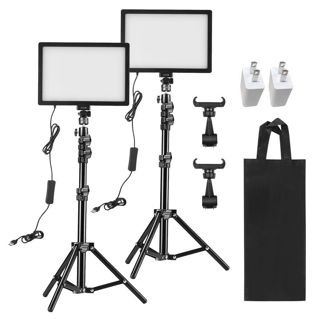 2 Packs LED Video Light Kit 15W LED Light Panel with 1.2M Metal Light Stands Phone Holders