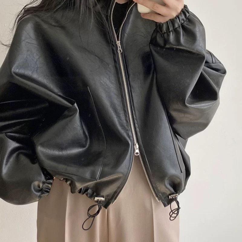 Korean Stand Collar Zipper Motorcycle Leather Jacket with Pockets & Drawstring for Women