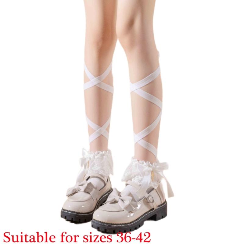 Women Japanese Ballet JK Sweet Ruffle Lace Cotton Crew Socks Elegant Ribbon Tie Bandage Solid Color Ankle Socks Hosiery