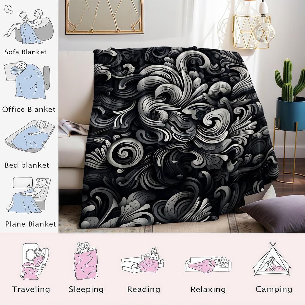 Monochrome Swirl Flourish Flannel Blanket Warm Soft Halloween Christmas Couch Warm Cozy Decorative Decor Gift for All Season