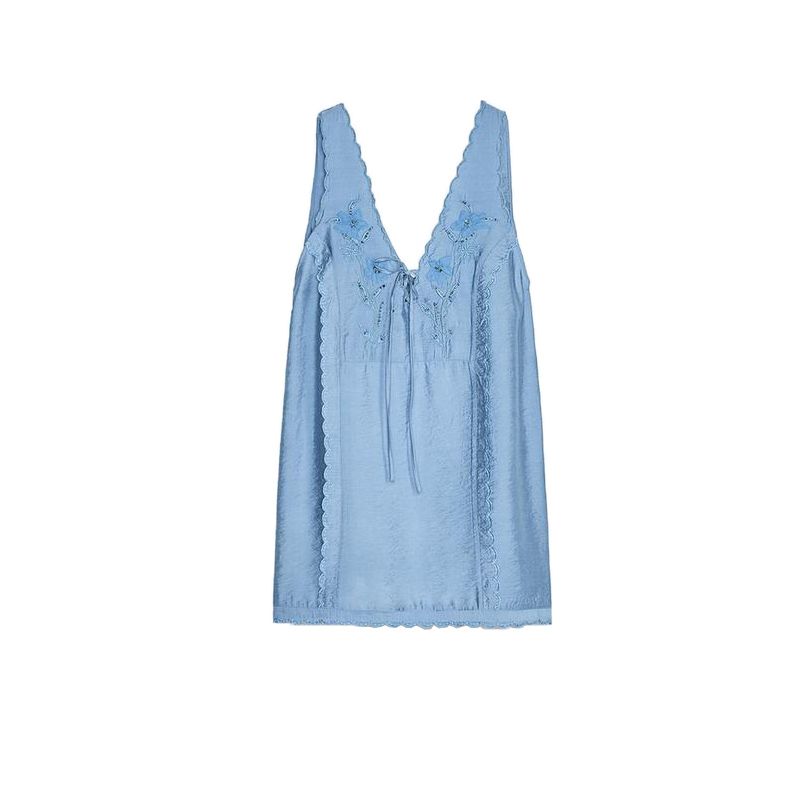 

Summer New Product Women s Clothes Elegance Style V Neck Sleeveless Embroider and Beaded Trim Short Dress 7521180 Blue L
