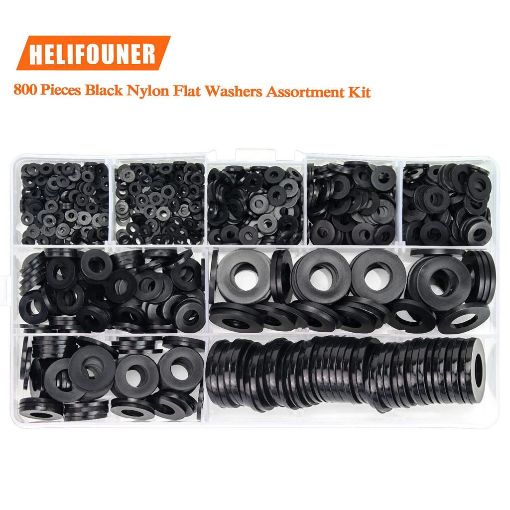 800 Stück Schwarzes Nylon Flache Unterlegscheiben Set PA66 Flache Unterlegscheibe M2M2.5M3M4M5M6M8M10M12 Box