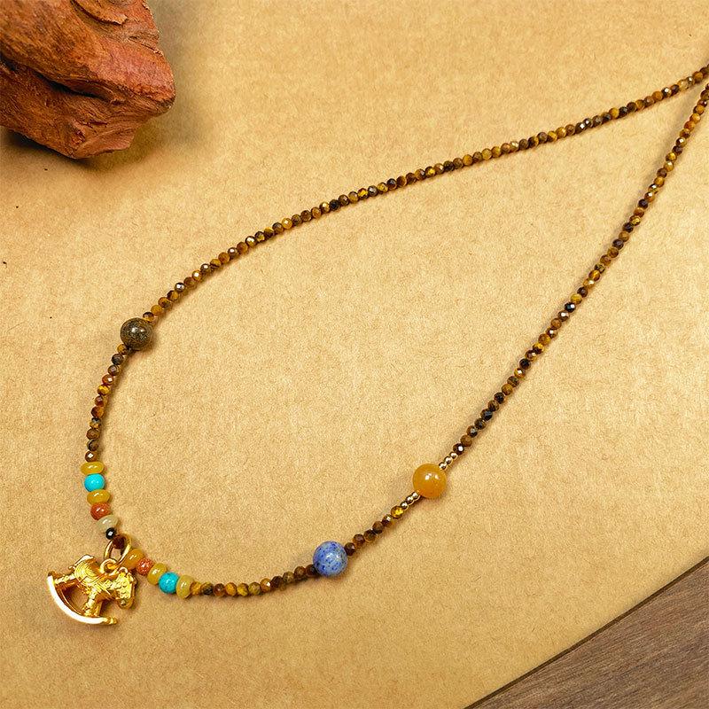 Vintage Tiger Eye Stone Necklace with Gilded Rocking Horse Pendant - 2025 Elegant Design Clavicle Chain.