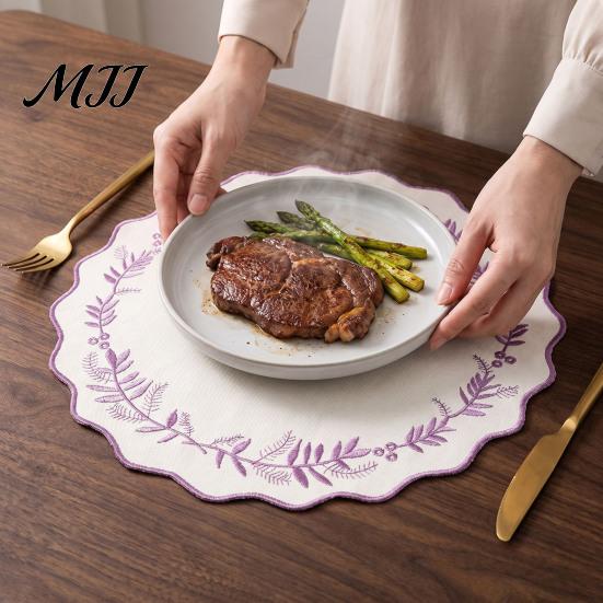 Heat Resistant Table Mats for Hot Dishes Embroidered Round Placemat, 15 Inch Scalloped Leaf Bow Embroidery Durable Fabric Kitchen Washable Insulation