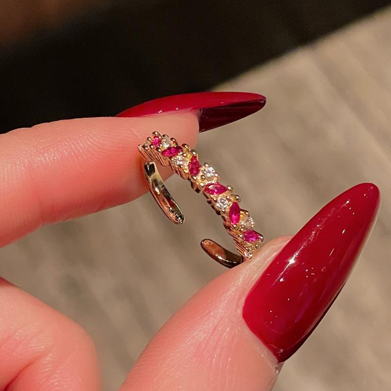 Medieval Retro Fashion Gold Open Ring Niche Red Zircon Personality Light Luxury High-End Accessories Women