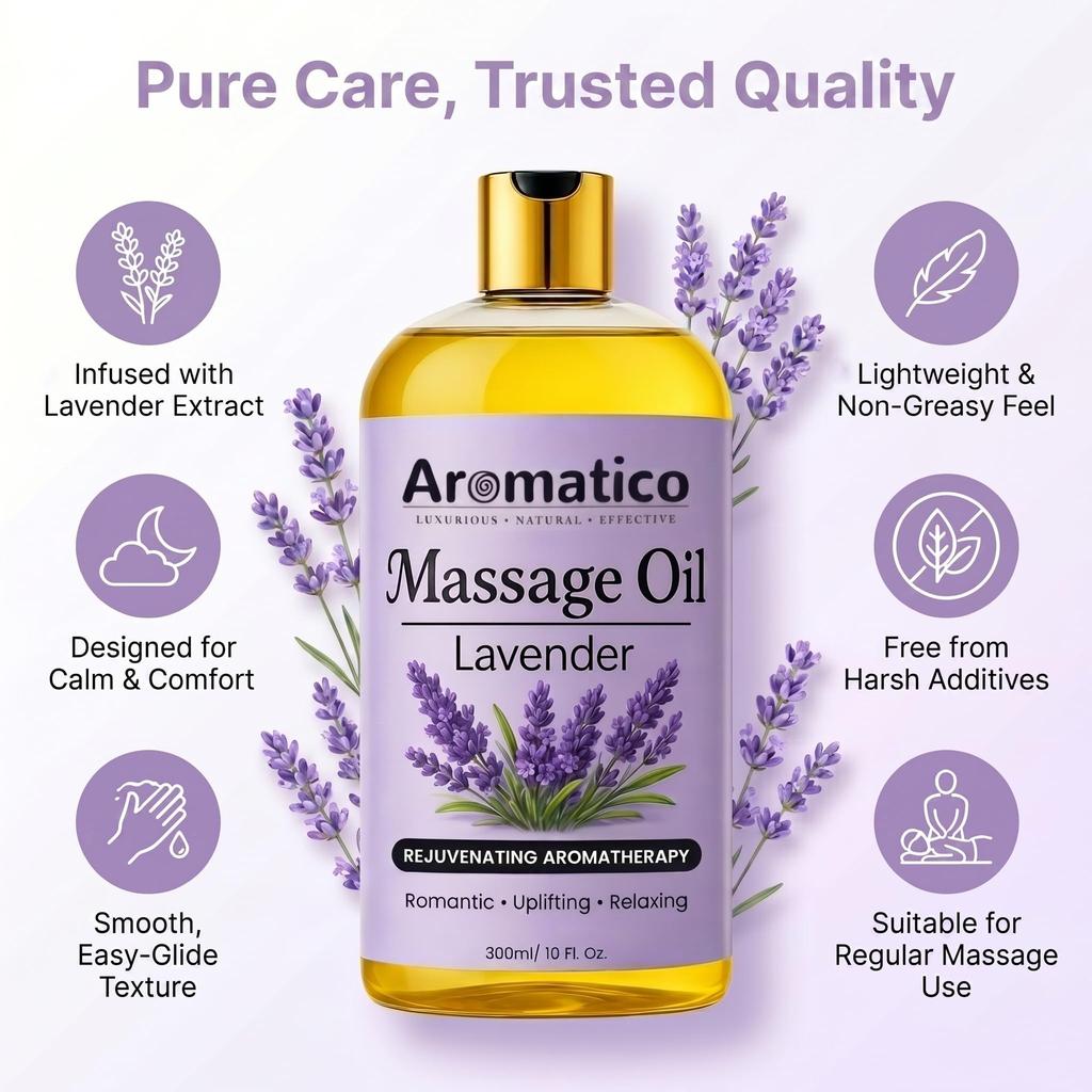 AROMATICO Lavender Relaxing Massage Oil - Body Massage Oil with Almond, Jojoba & Sesame for Stress Relief, Better Sleep & Full Body Care | 300ml