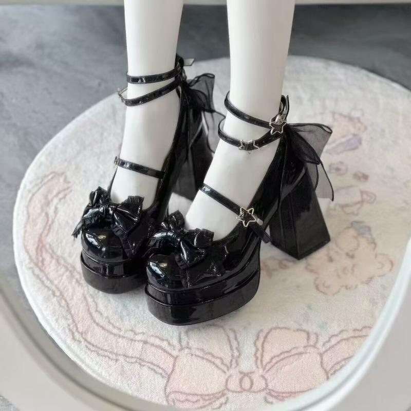 Fashion Women's High Heels Square Heel Lolita Bow One-line Buckle Double Waterproof Table High Heels Dress New Sweet Zapatillas De Mujer