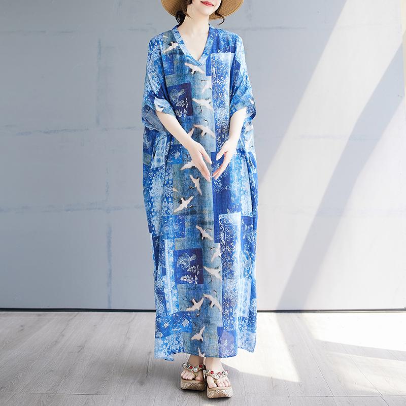DIMANAF 2025 Summer Plus Size Dress Basic Women Casual Loose Blue Vintage New Long Oversized Dress Maxi