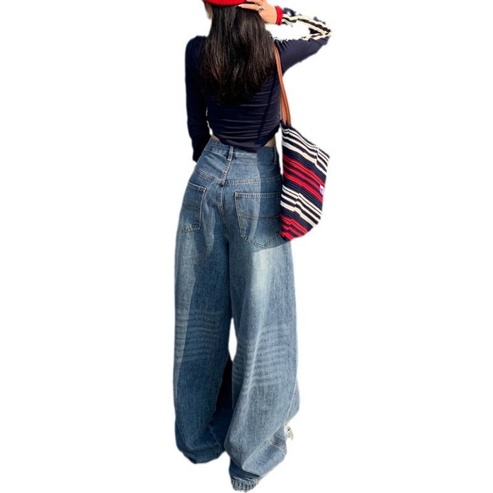Retro High-waisted Wide-leg Jeans Drape Autumn and Winter Women's Pants Loose Design Trendy Floor Pants