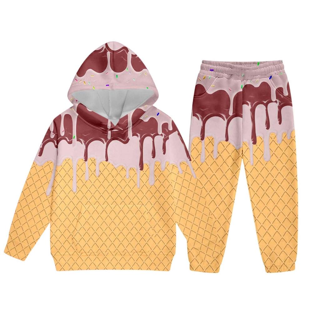 Children's Casual Printed Pullover Long-Sleeved Hooded Sweatshirt And Pants Set
