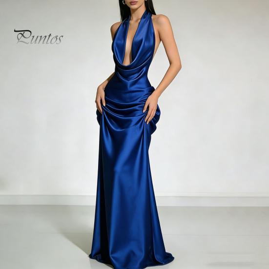 Beach Dress Women Sexy Backless Maxi Dress, Deep V Neck Sleeveless Lightweight Summer Halter Satin Long Formal Evening Party Mermaid Gown Elegant
