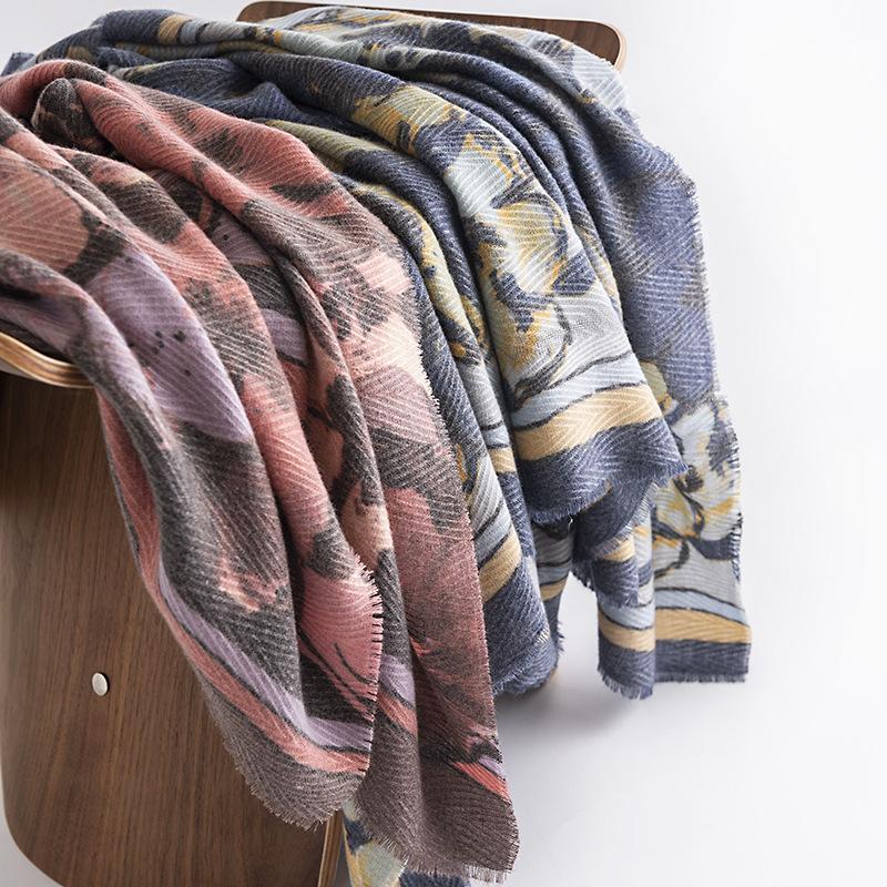 Cachecol estilo étnico primavera e outono, flor grande, fresco e doce, com padrão espinha de peixe, textura grossa e macia, cachecol com estampa de xale