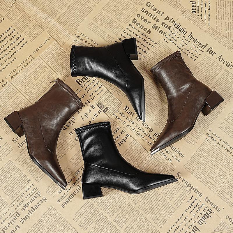 Autumn Winter Fashion Pointed Toe Ankle Boots Women Concise  Thick Heels Shoes Street Style Party Short Botas Mujer