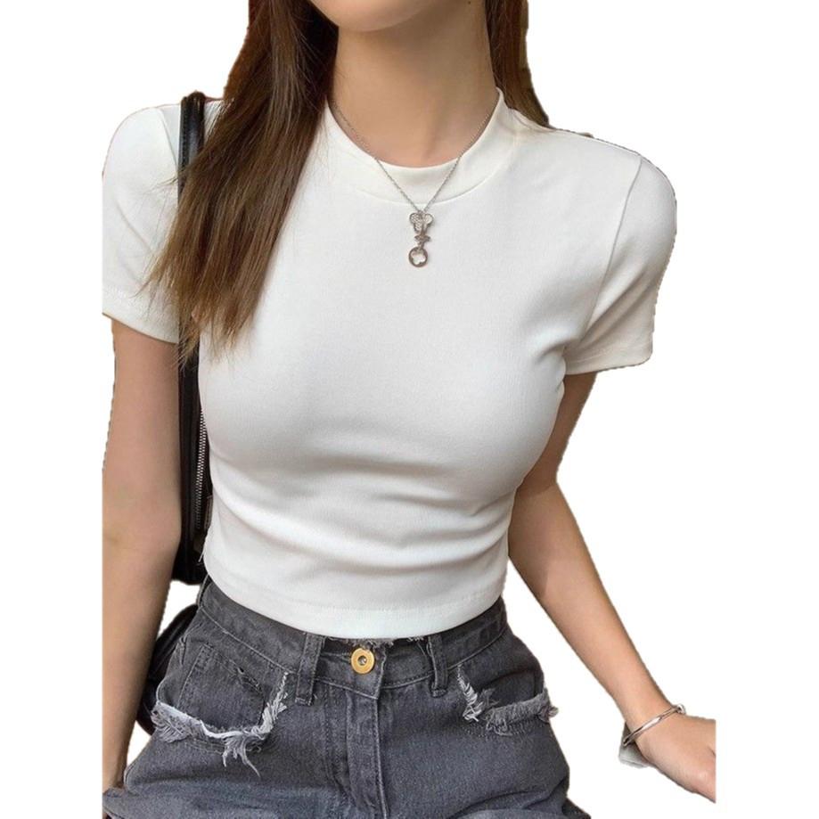 Sweet Spice Girl American Front Shoulder Crew Neck Short Sleeve T-Shirt Women's Summer New Slim-fit Mindful Top