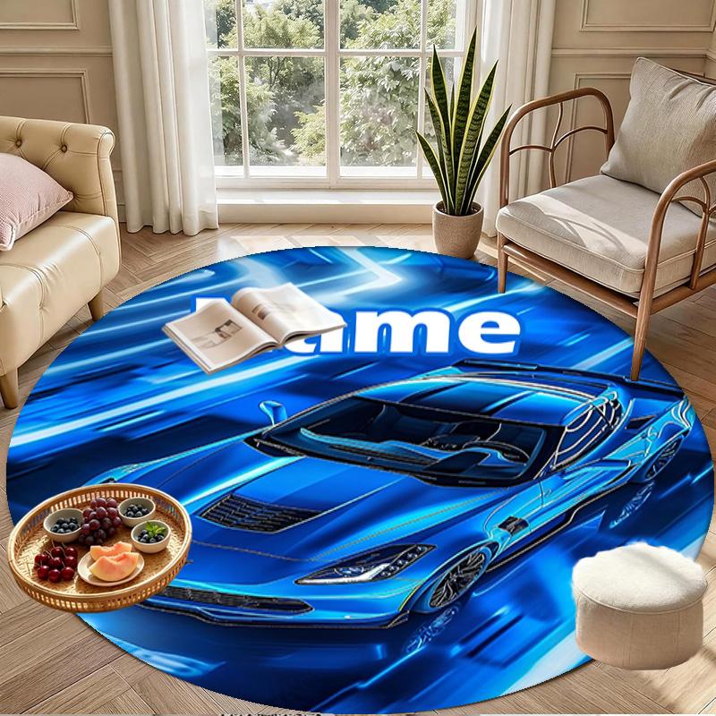 Custom Name Personalized Sports car Print Round Rug, Versatile Home Decor Carpet, for Playroom, Apartment, Balcony, Entryway, Hallway Gift