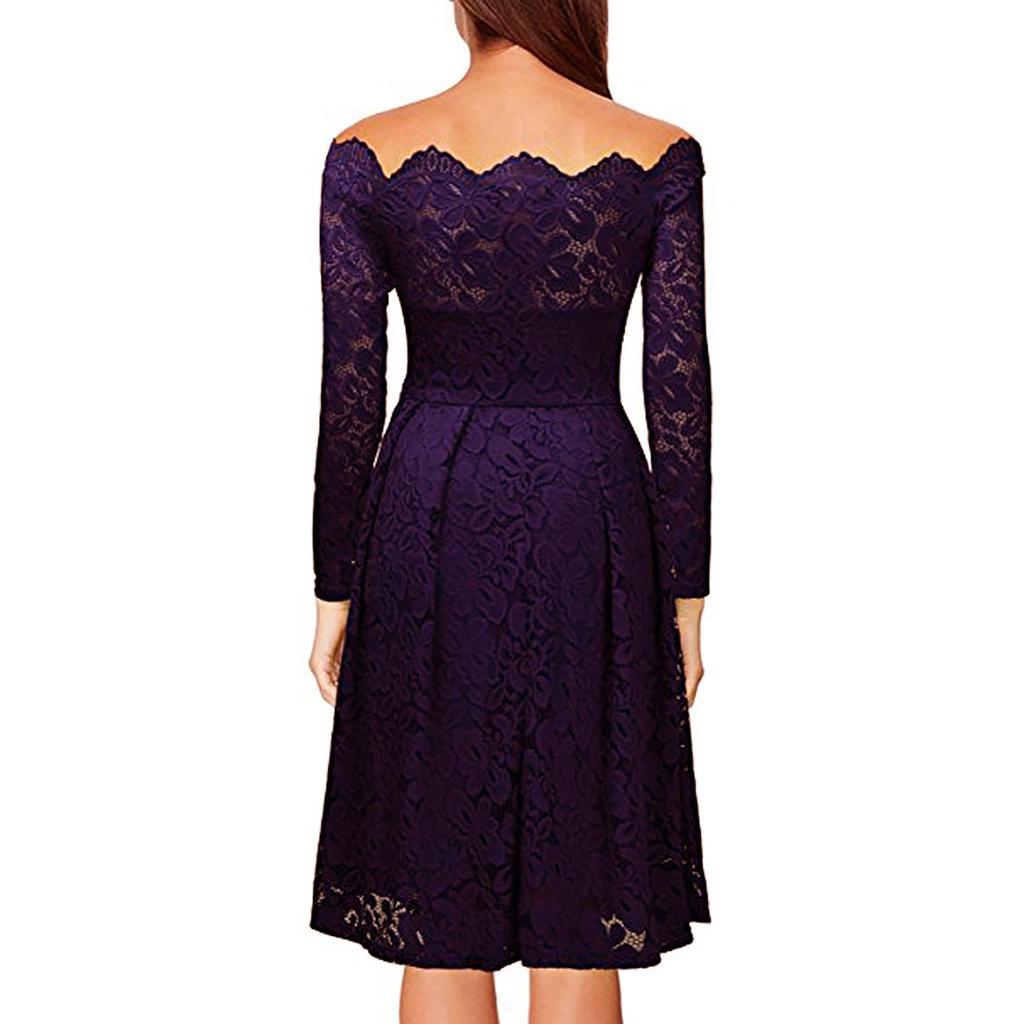 Women's  Casual Fasion Solid Color Strapless Hollow Out Long-sleeve Waist A-line Big Swing Lace With  Dress