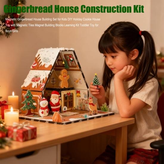 Magnetic Gingerbread House Building Set for Kids DIY Holiday Cookie House Toy with Magnetic Tiles Magnet Building Blocks
