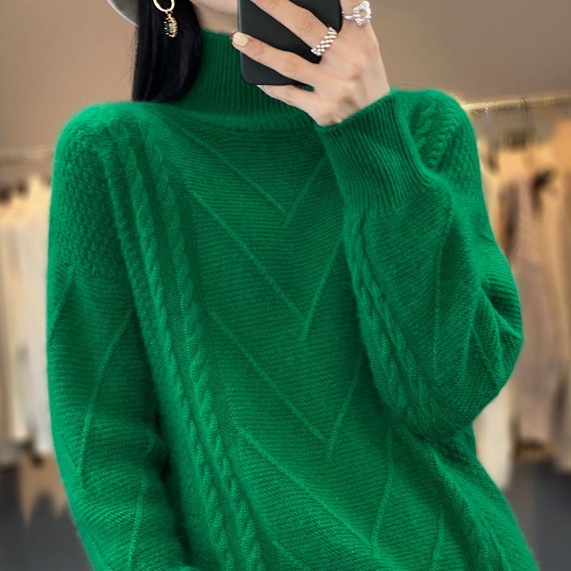Women's 100% Wool Knitted Sweater - Autumn/Winter, Thick, Semi-High Neck, Lazy Style