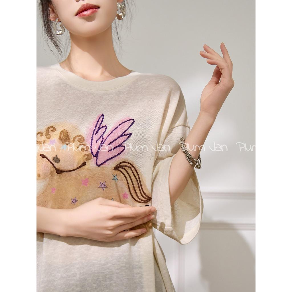 Plum Jan/Age Reduction Wear Loose Pony Print Long Sleeve T-Shirt Crew Neck Shoulder Sleeve Hanli Korean Style Shirt Women