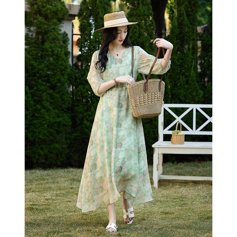 Demana Monet Garden Printed V-Neck A-Line Midi Dress