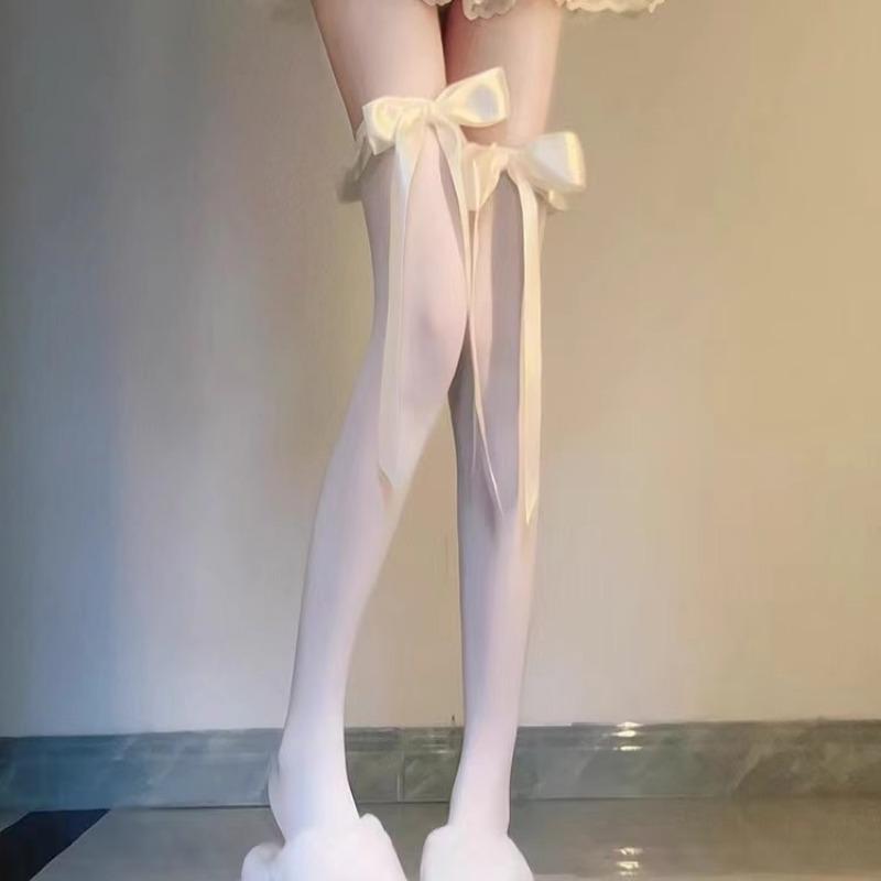 Women's Summer Thin Velvet Bowknot Ribbon JK Thigh High Stockings Sweet Lolita Princess Style Solid Color Sheer Overknee Socks