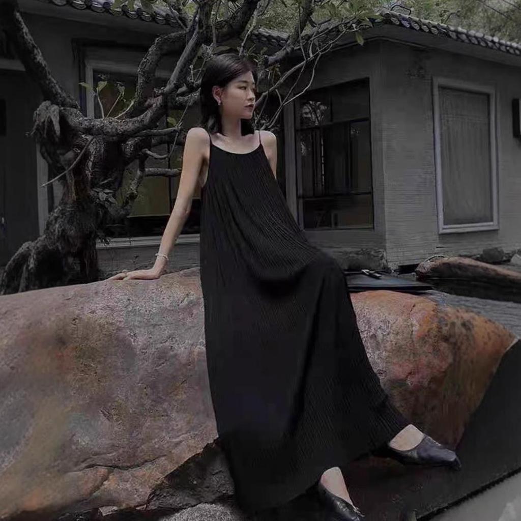 Women's Pleated Camisole Dress: Versatile, Slimming, Solid Color, Long Style