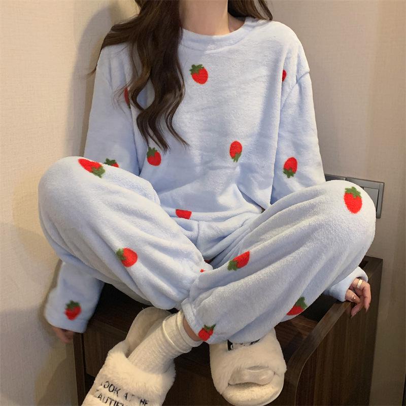 Winterpyjama van koraalfleece voor dames: Dikte: Dik, Materiaal: Fluweel, Pasvorm: Los, Mouwen: Lange mouwen, Eigenschappen: Warm, Type: Ouder-Kind Set, Gebruik: Binnen & Buiten.