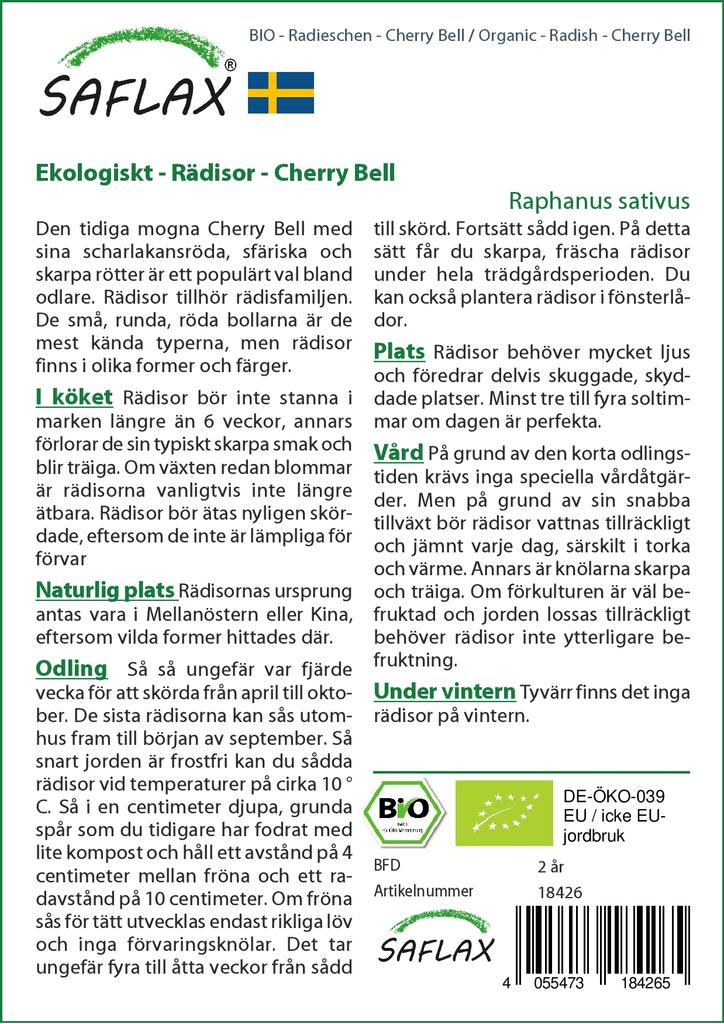 SAFLAX Garden In the Bag - Organic - Radish - Cherry Bell - 100 Seeds - With Substrate In a Fitting Stand Up Bag - Raphanus Sativus